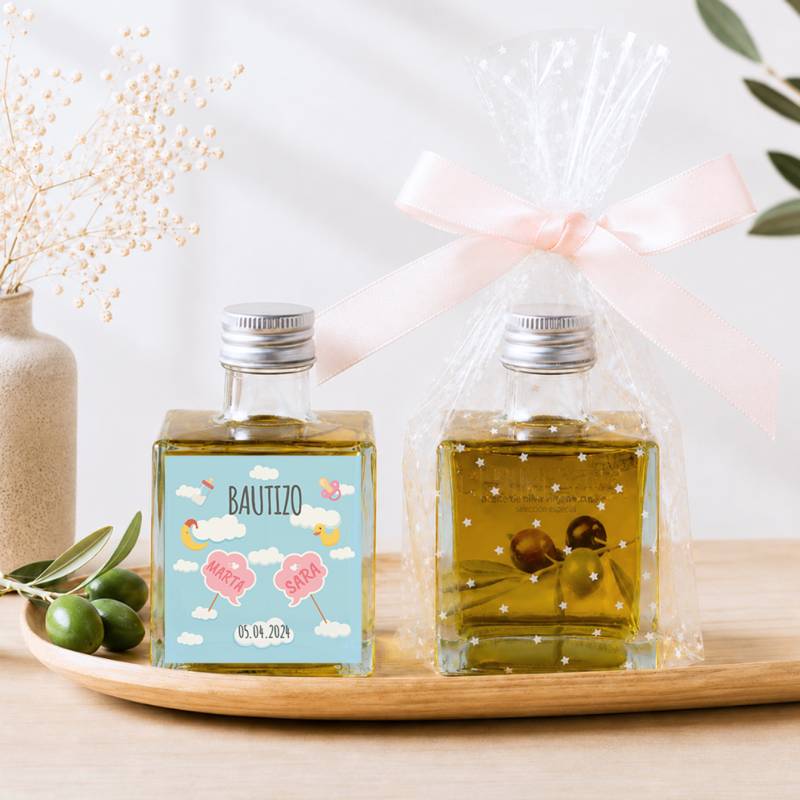 Aceite de Oliva Personalizado para Bautizo "Gemelas nube" Botella Cuadrada 100 ml - Aceite de oliva personalizado bautizo
