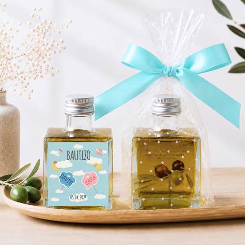 Aceite de Oliva Personalizado para Bautizo "Mellizos nube" Botella Cuadrada 100 ml - Aceite de oliva personalizado bautizo