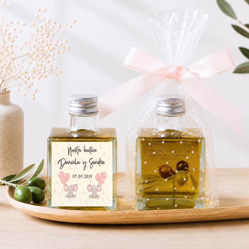 Aceite de Oliva Personalizado para Bautizo "Gemelas elefante" Botella Cuadrada 100 ml - Aceite de oliva personalizado bautizo
