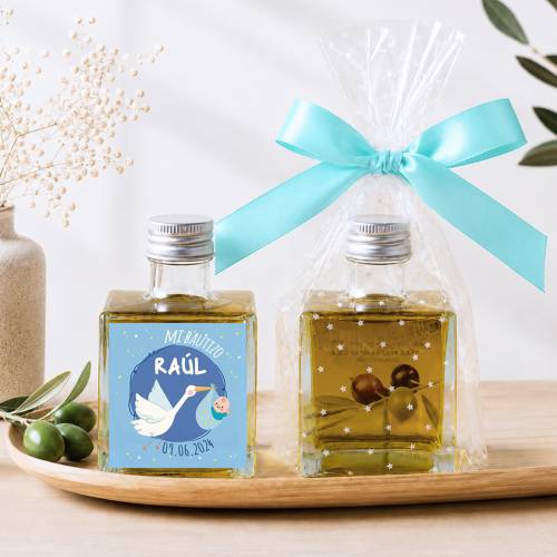 Aceite de Oliva Personalizado para Bautizo "Raúl" Botella Cuadrada 100 ml - Aceite de oliva personalizado bautizo