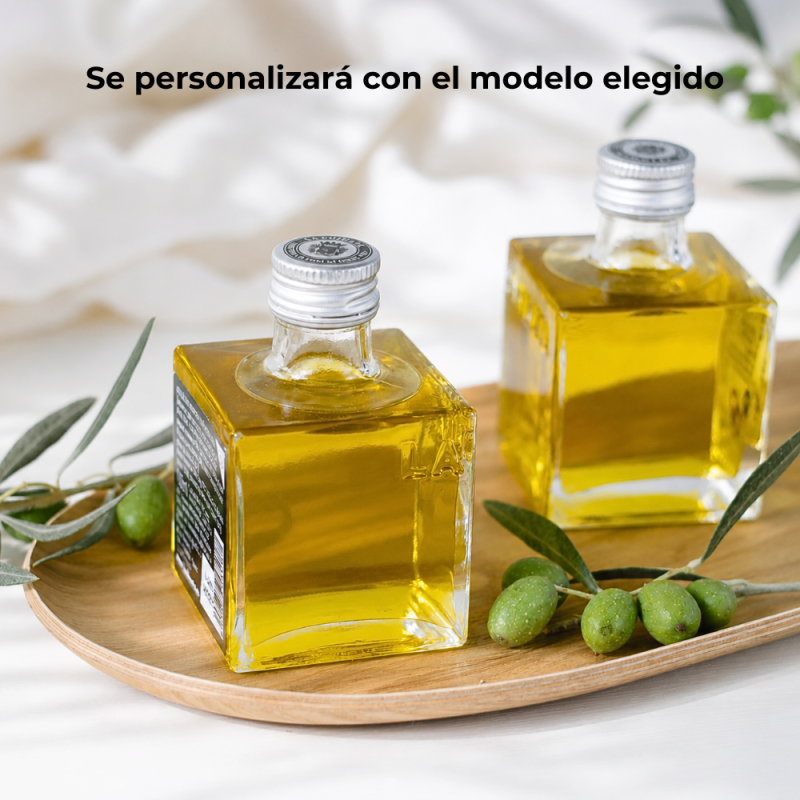 Aceite de Oliva Personalizado para Bautizo "Dulces sueños" Botella Cuadrada 100 ml - Aceite de oliva personalizado bautizo