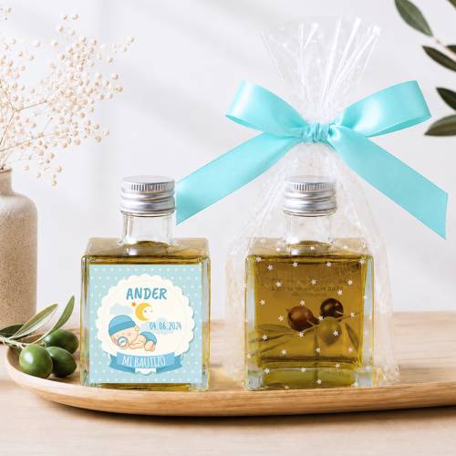 Aceite de Oliva Personalizado para Bautizo "Dulces sueños" Botella Cuadrada 100 ml - Aceite de oliva personalizado bautizo