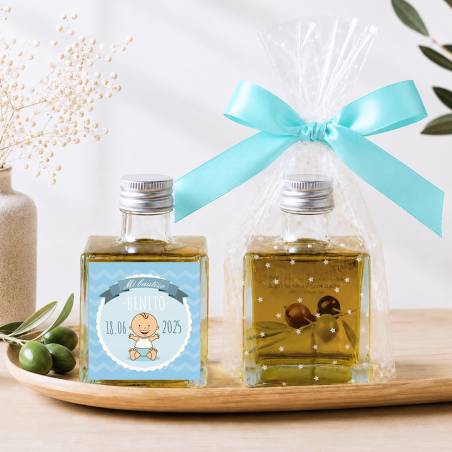 Aceite de Oliva Personalizado para Bautizo "Olas" Botella Cuadrada 100 ml - Aceite de oliva personalizado bautizo