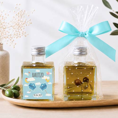 Aceite de Oliva Personalizado para Bautizo "Gemelos nube" Botella Cuadrada 100 ml - Aceite de oliva personalizado bautizo