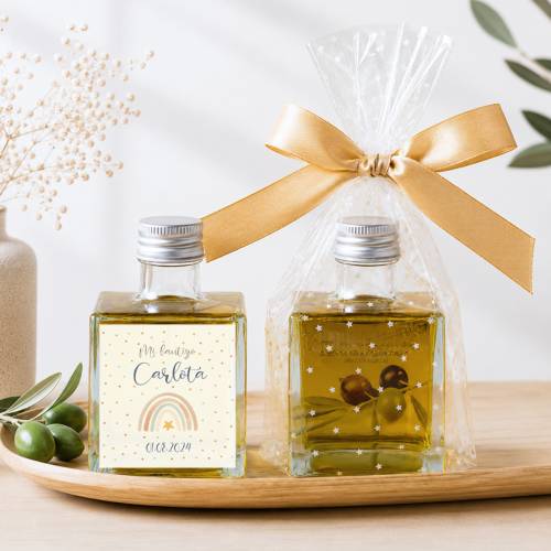 Aceite de Oliva Personalizado para Bautizo "Arcoiris" Botella Cuadrada 100 ml - Aceite de oliva personalizado bautizo