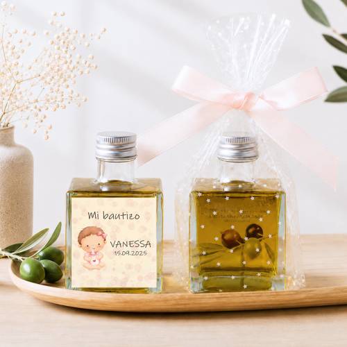 Aceite de Oliva Personalizado para Bautizo "Bebé niña" Botella Cuadrada 100 ml - Aceite de oliva personalizado bautizo