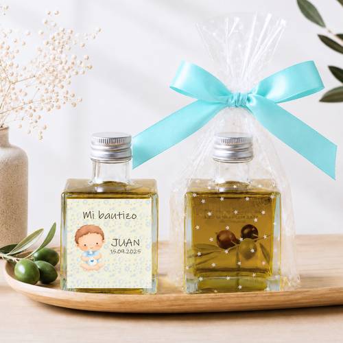 Aceite de Oliva Personalizado para Bautizo "Bebé niño" Botella Cuadrada 100 ml - Aceite de oliva personalizado bautizo