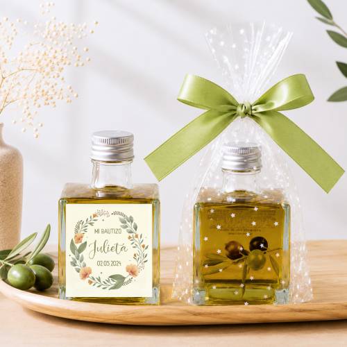 Aceite de Oliva Personalizado para Bautizo "Arco" Botella Cuadrada 100 ml - Aceite de oliva personalizado bautizo