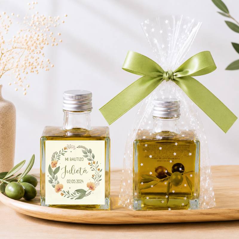 Aceite de Oliva Personalizado para Bautizo "Arco" Botella Cuadrada 100 ml - Aceite de oliva personalizado bautizo