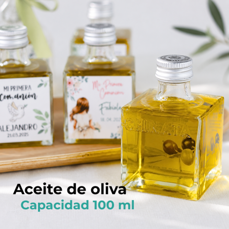 Aceite de Oliva Personalizado para Bautizo "Modelo Valentina" Botella Cuadrada 100 ml - Inicio