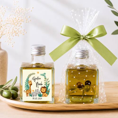 Aceite de Oliva Personalizado para Bautizo "Selva" Botella Cuadrada 100 ml - Aceite de oliva personalizado bautizo