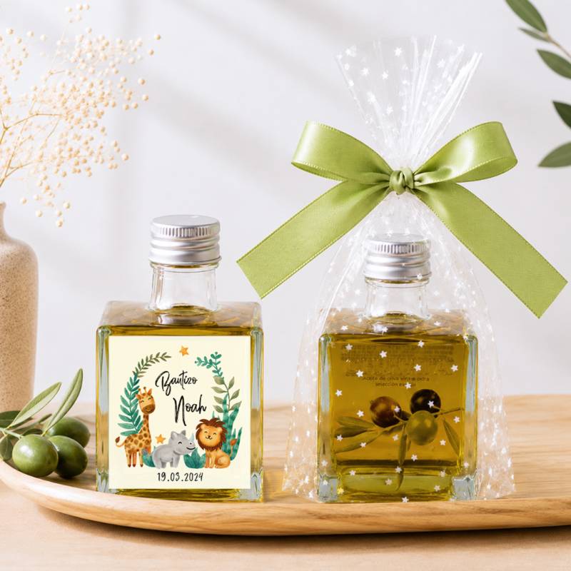 Aceite de Oliva Personalizado para Bautizo "Selva" Botella Cuadrada 100 ml - Aceite de oliva personalizado bautizo