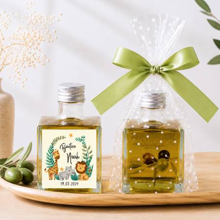 Aceite de Oliva Personalizado para Bautizo "Selva" Botella Cuadrada 100 ml - Aceite de oliva personalizado bautizo