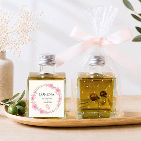 Aceite de Oliva Personalizado para Bautizo "Huellas niña" Botella Cuadrada 100 ml - Aceite de oliva personalizado bautizo