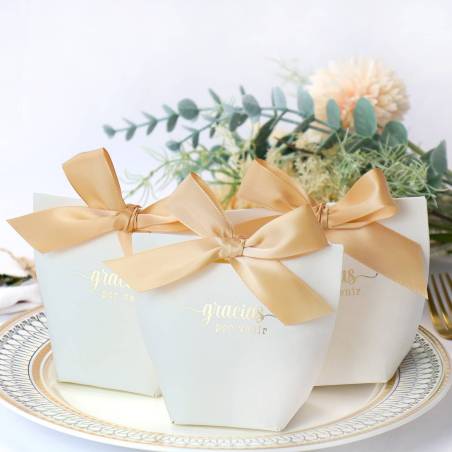 Caja de regalo pequeña para detalles “Gracias por venir” en dorado - Detalles De Boda