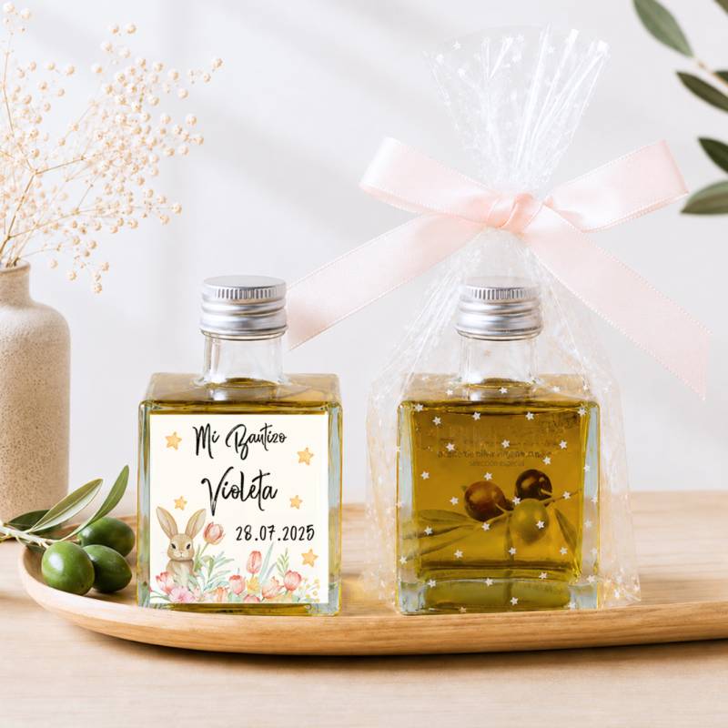 Aceite de Oliva Personalizado para Bautizo "Conejito" Botella Cuadrada 100 ml - Aceite de oliva personalizado bautizo