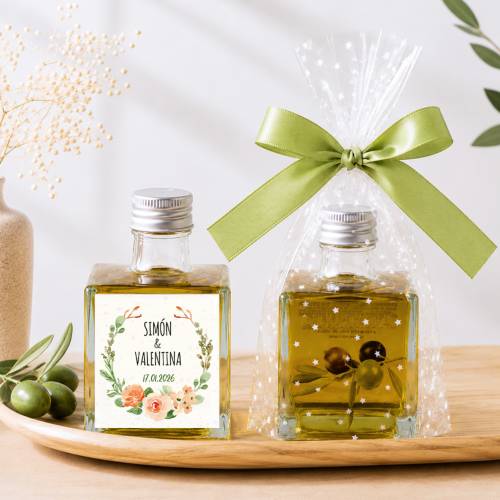 Aceite de Oliva Personalizado para Boda "Macedonia" Botella Cuadrada 100 ml - Aceite de oliva personalizado boda