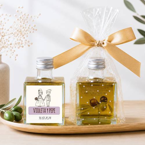 Aceite de Oliva Personalizado para Boda "Kilig" Botella Cuadrada 100 ml - Aceite de oliva personalizado boda