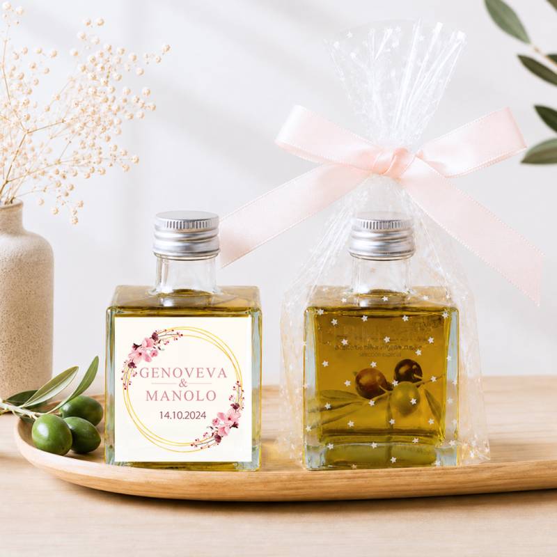 Aceite de Oliva Personalizado para Boda "Pink Crown" Botella Cuadrada 100 ml - Aceite de oliva personalizado boda
