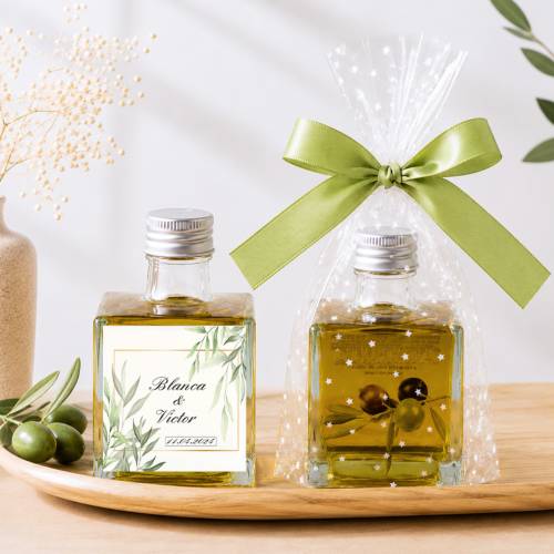 Aceite de Oliva Personalizado para Boda "Milo" Botella Cuadrada 100 ml - Aceite de oliva personalizado boda