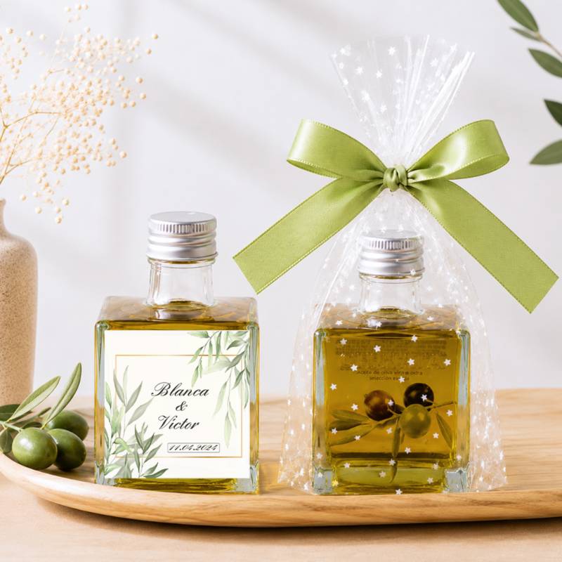 Aceite de Oliva Personalizado para Boda "Milo" Botella Cuadrada 100 ml - Aceite de oliva personalizado boda