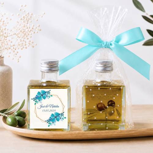 Aceite de Oliva Personalizado para Boda "Azul" Botella Cuadrada 100 ml - Aceite de oliva personalizado boda