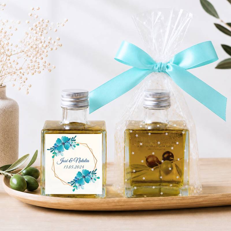 Aceite de Oliva Personalizado para Boda "Azul" Botella Cuadrada 100 ml - Aceite de oliva personalizado boda