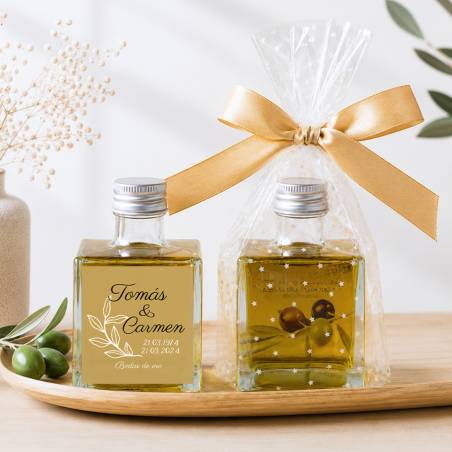 Aceite de Oliva Personalizado para Boda "Bodas de Oro" Botella Cuadrada 100 ml - Aceite de oliva personalizado boda