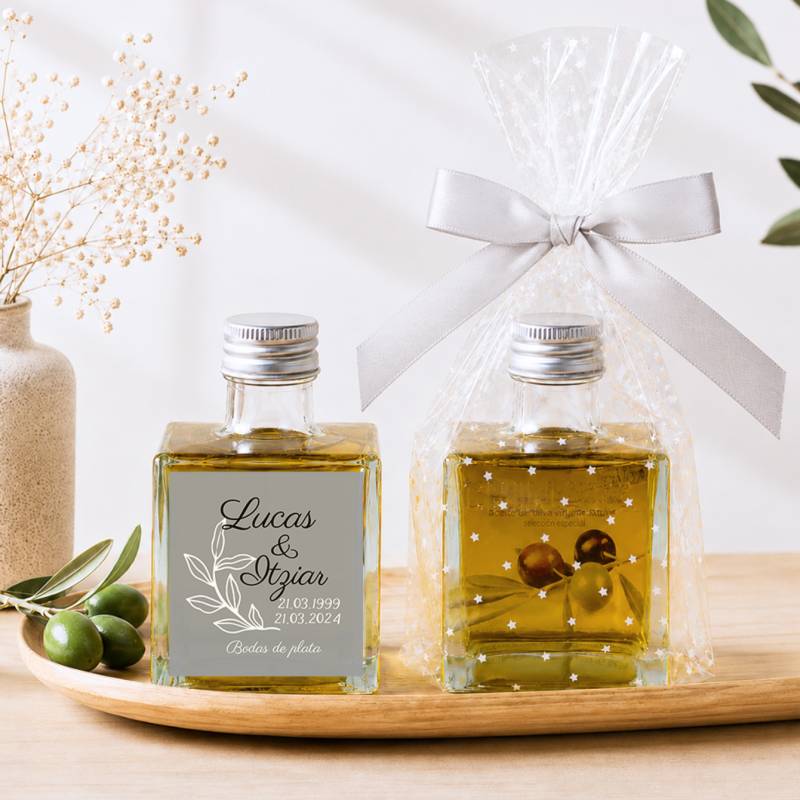 Aceite de Oliva Personalizado para Boda "Bodas de Plata" Botella Cuadrada 100 ml - Aceite de oliva personalizado boda