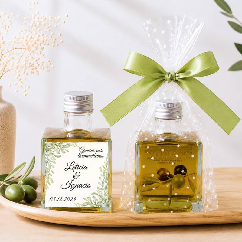 Aceite de Oliva Personalizado para Boda "Hojas" Botella Cuadrada 100 ml - Aceite de oliva personalizado boda