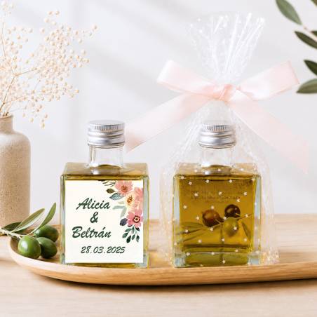 Aceite de Oliva Personalizado para Boda "Compartir" Botella Cuadrada 100 ml - Aceite de oliva personalizado boda