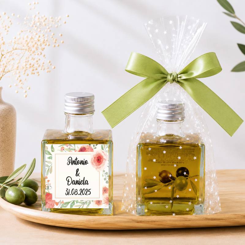 Aceite de Oliva Personalizado para Boda "Amapola" Botella Cuadrada 100 ml - Aceite de oliva personalizado boda