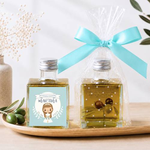 Aceite de Oliva Personalizado para Comunión "Martina Azul" Botella Cuadrada 100 ml - Aceite de oliva personalizado comunión