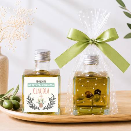 Aceite de Oliva Personalizado para Comunión "Claudia" Botella Cuadrada 100 ml - Aceite de oliva personalizado comunión