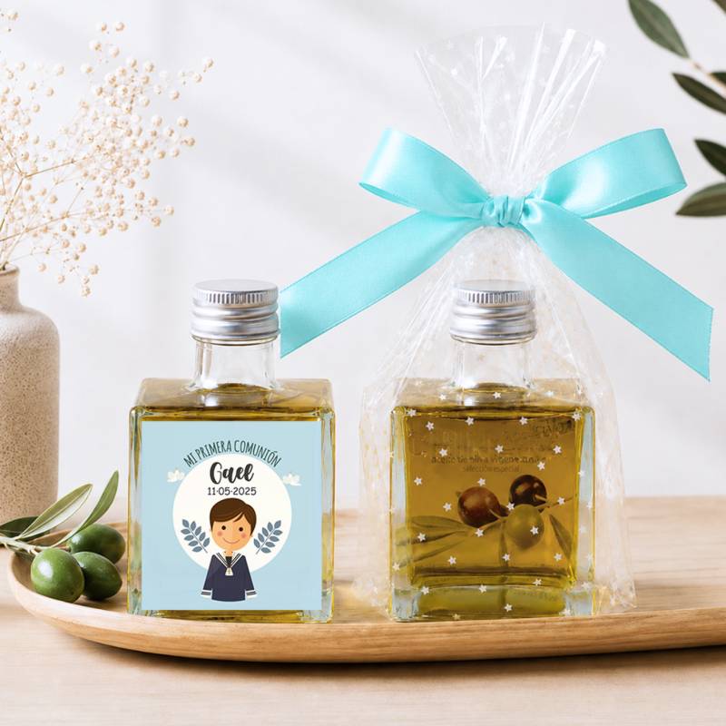 Aceite de Oliva Personalizado para Comunión "Miguel" Botella Cuadrada 100 ml - Aceite de oliva personalizado comunión