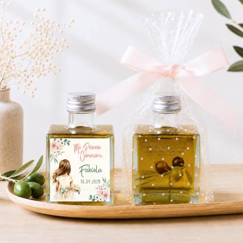 Aceite de Oliva Personalizado para Comunión "Acuarela Niña" Botella Cuadrada 100 ml - Aceite de oliva personalizado comunión