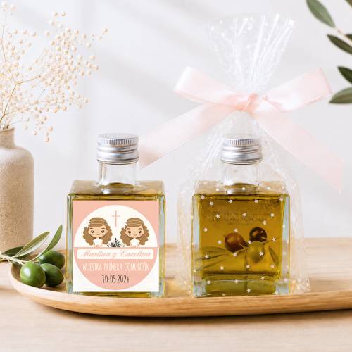 Aceite de Oliva Personalizado para Comunión "Gemelas" Botella Cuadrada 100 ml - Aceite de oliva personalizado comunión