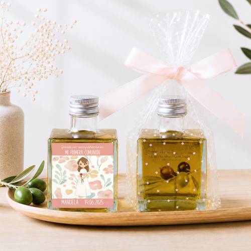 Aceite de Oliva Personalizado para Comunión "Flores" Botella Cuadrada 100 ml - Aceite de oliva personalizado comunión