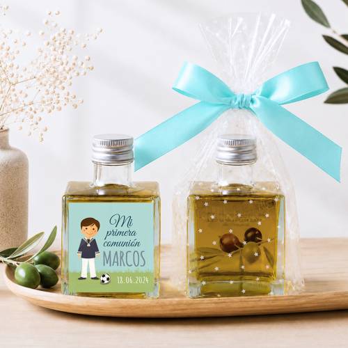 Aceite de Oliva Personalizado para Comunión "Marcos Fútbol" Botella Cuadrada 100 ml - Aceite de oliva personalizado comunión
