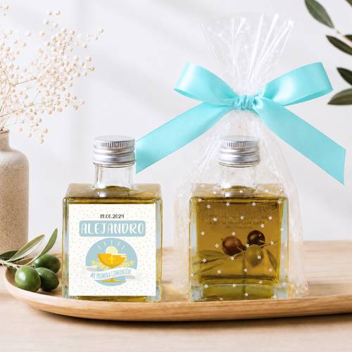 Aceite de Oliva Personalizado para Comunión "Alejandro" Botella Cuadrada 100 ml - Aceite de oliva personalizado comunión