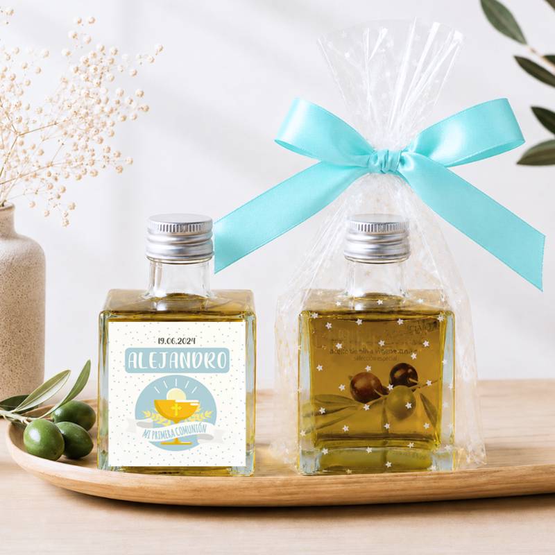 Aceite de Oliva Personalizado para Comunión "Alejandro" Botella Cuadrada 100 ml - Aceite de oliva personalizado comunión