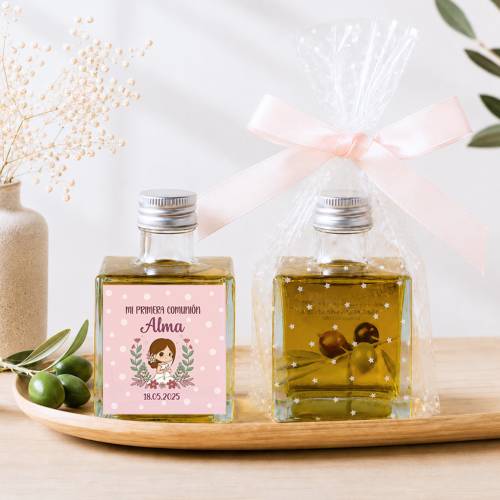 Aceite de Oliva Personalizado para Comunión "Puntos Rosas" Botella Cuadrada 100 ml - Aceite de oliva personalizado comunión