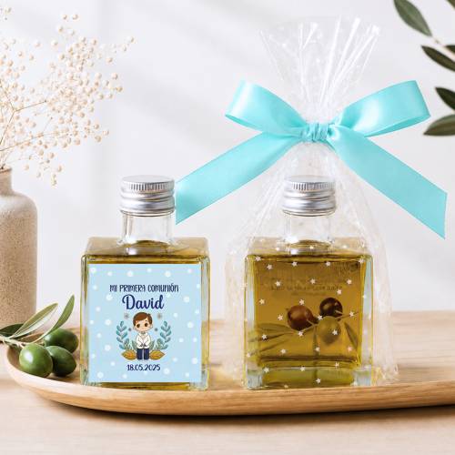 Aceite de Oliva Personalizado para Comunión "Puntos Azules" Botella Cuadrada 100 ml - Aceite de oliva personalizado comunión