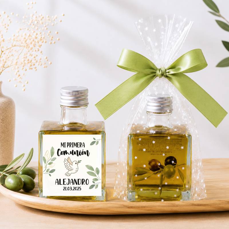Aceite de Oliva Personalizado para Comunión "Paloma" Botella Cuadrada 100 ml - Aceite de oliva personalizado comunión