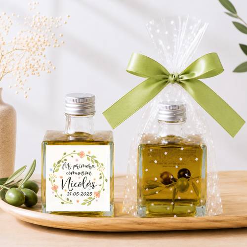 Aceite de Oliva Personalizado para Comunión "Primavera" Botella Cuadrada 100 ml - Aceite de oliva personalizado comunión