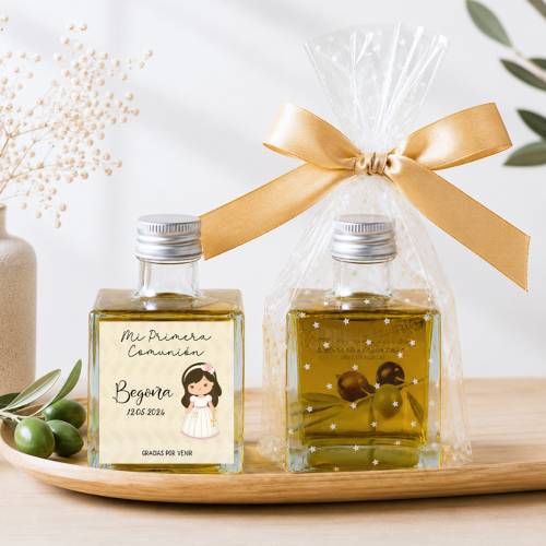 Aceite de Oliva Personalizado para Comunión "Beige niña" Botella Cuadrada 100 ml - Aceite de oliva personalizado comunión