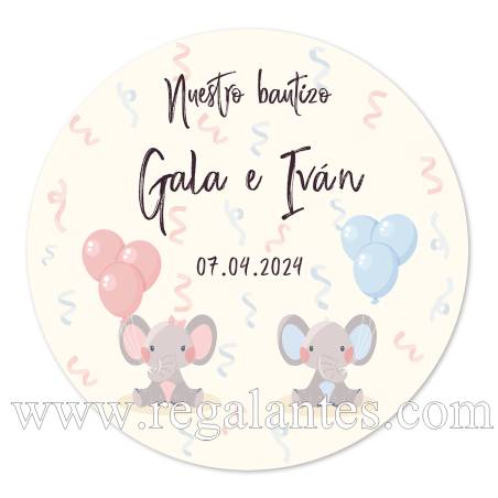Pegatina personalizada bautizo "Modelo Mellizos Elefante" - Pegatinas Y Etiquetas Personalizadas Bautizo