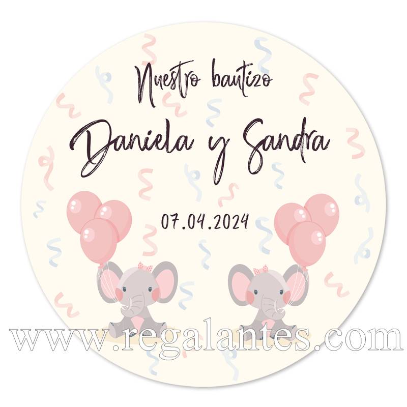 Pegatina personalizada bautizo "Modelo Gemelas Elefantes" - Pegatinas Y Etiquetas Personalizadas Bautizo