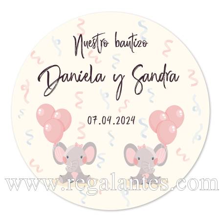 Pegatina personalizada bautizo "Modelo Gemelas Elefantes" - Pegatinas Y Etiquetas Personalizadas Bautizo