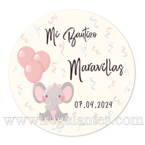 Pegatina personalizada bautizo "Modelo Elefante Niña" - Pegatinas Y Etiquetas Personalizadas Bautizo